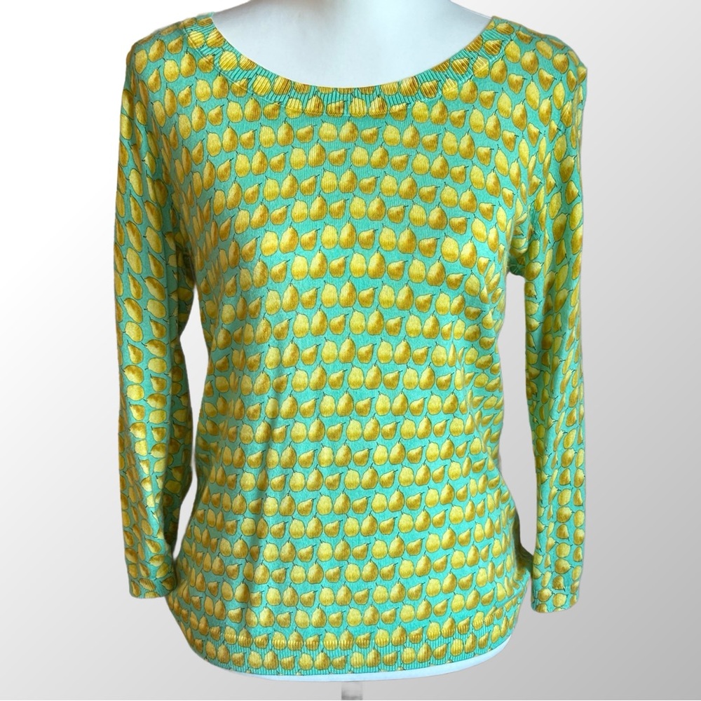 Talbots Sweater Women's XS Green & Yellow Pear Print w/ Buttons Down the Back